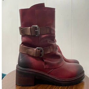 Vintage Foundry Co Margot Womens Moto Boots 8.5 Red Black Leather Side Zip New